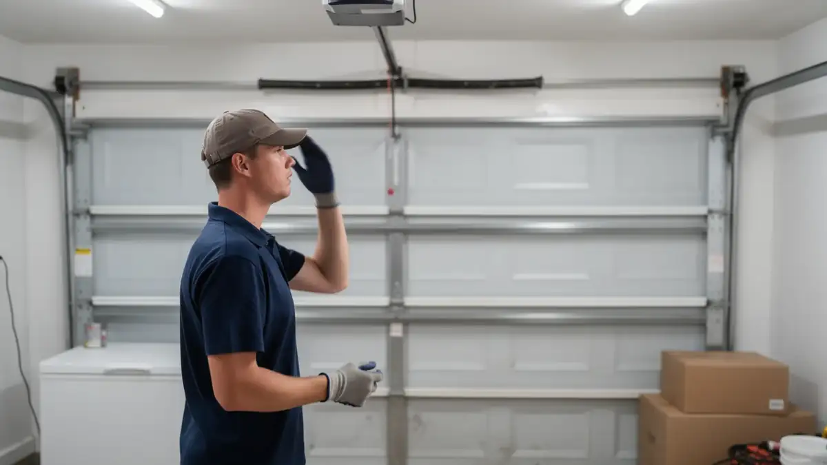 A technician in a cap and gloves stands in a garage with a white door.