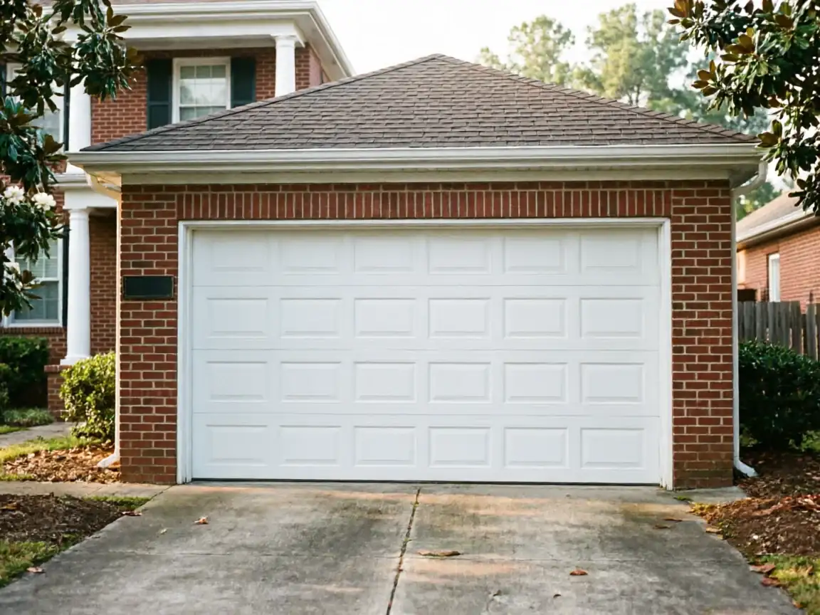 A white paneled garage door on a brick house with a concrete driveway.